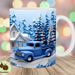 3d blue truck mug wrap, 11oz  15oz mug template, mug sublimation design, christmas mug wrap template, instant digital do