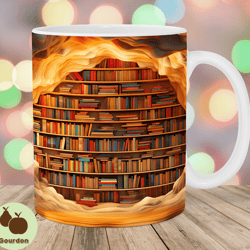 3d book hole in a wall mug wrap, 11oz 15oz mug template, mug sublimation design, bookshelf mug wrap template, instant d