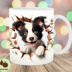 3d border collie hole in a wall mug wrap, 11oz 15oz mug template, mug sublimation design, puppy mug template, instant d