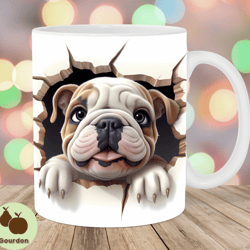 3d bulldog hole in a wall mug wrap, 11oz 15oz mug template, mug sublimation design, puppy mug wrap template, instant di