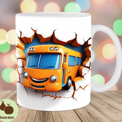 3d bus hole in a wall mug wrap, 11oz and 15oz mug template, mug sublimation design, cartoon mug template, instant digita