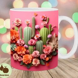 3d cactus mug wrap, 11oz 15oz mug template, mug sublimation design, pink flowers mug wrap template, instant digital dow