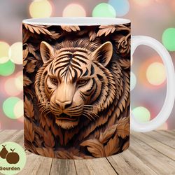 3d carved wood tiger mug wrap, 11oz and 15oz mug template, mug sublimation design, mug wrap template, instant digital do
