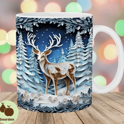 3d christmas reindeer winter mug wrap, 11oz and 15oz mug template, mug sublimation design, mug wrap template, instant di