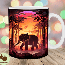 3d elephant mug wrap, 11oz and 15oz mug template, mug sublimation design, sunset mug wrap template, instant digital down