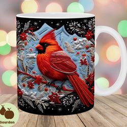 3d embroidered red cardinal mug wrap, 11oz and 15oz mug template, mug sublimation design, mug wrap template, instant dig