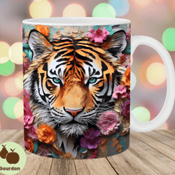 3d flower tiger mug wrap, 11oz and 15oz mug template, mug sublimation design, mug wrap template, instant digital downloa