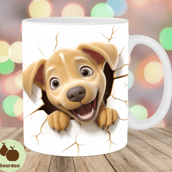 3d golden labrador hole in a wall mug wrap, 11oz 15oz mug template, mug sublimation design, dog mug template, instant d