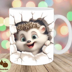 3d hedgehog mug wrap, 11oz 15oz mug template, mug sublimation design, hole in a wall mug wrap template, instant digital