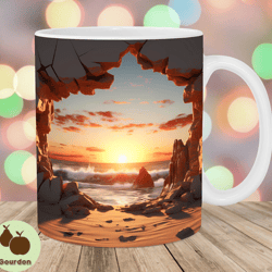 3d hole in a wall beach sunset mug wrap, 11oz and 15oz mug template, mug sublimation design, mug wrap template, instant
