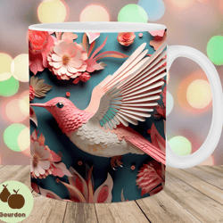 3d hummingbird flowers mug wrap, 11oz and 15oz mug template, mug sublimation design, mug wrap template, instant digital