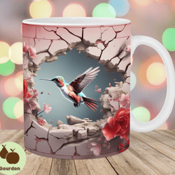 3d hummingbird hole in a wall mug wrap, 11oz 15oz mug template, mug sublimation design, flowers mug template, instant d