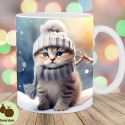 3d kitten christmas mug wrap, 11oz and 15oz mug template, mug sublimation design, mug wrap template, instant digital dow