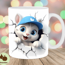 3d kitten hole in a wall mug wrap, 11oz 15oz mug template, cartoon mug sublimation design, mug wrap template, instant d