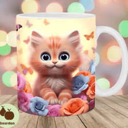 3d kitten mug wrap, 11oz 15oz mug template, flowers mug sublimation design, butterflies mug wrap template, instant digi