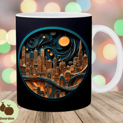 3d night city landscape mug wrap, 11oz and 15oz mug template, mug sublimation design, mug wrap template, instant digital