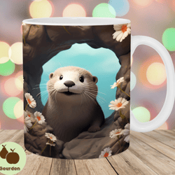 3d otter hole in a wall mug wrap, 11oz 15oz mug template, mug sublimation design, flowers mug wrap template, instant di