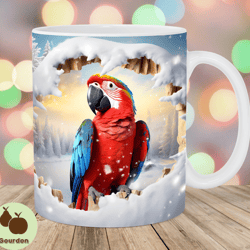 3d parrot hole in a wall mug wrap, 11oz 15oz mug template, mug sublimation design, snow mug wrap template, instant digi