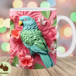 3d parrot mug wrap, 11oz and 15oz mug template, mug sublimation design, flowers mug wrap template, instant digital downl