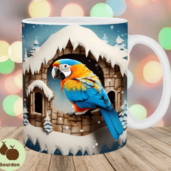 3d parrot mug wrap, 11oz and 15oz mug template, mug sublimation design, snowy house mug wrap template, instant digital d