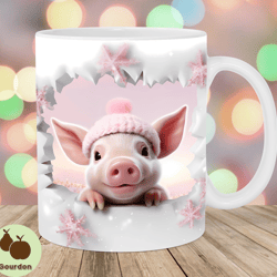 3d pig in snow mug wrap, 11oz and 15oz mug template, mug sublimation design, hole in a wall mug wrap template, instant d