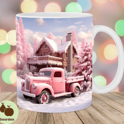 3d pink truck christmas mug wrap, 11oz and 15oz mug template, mug sublimation design, mug wrap template, instant digital