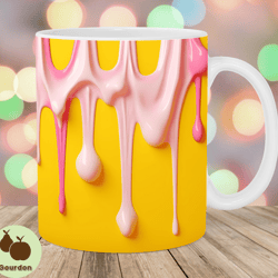 3d pink yellow mug wrap, 11oz and 15oz mug template, mug sublimation design, dripping paint mug template, instant digita