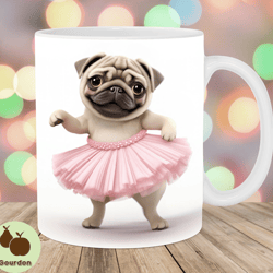 3d pug ballerina mug wrap, 11oz and 15oz mug template, mug sublimation design, puppy mug wrap template, instant digital