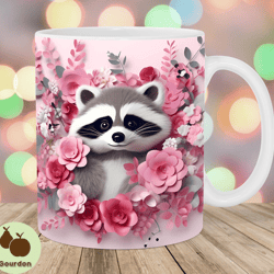 3d raccoon mug wrap, 11oz 15oz mug template, pink flowers mug sublimation design, mug wrap template, instant digital do