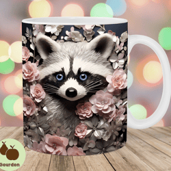 3d raccoon mug wrap, 11oz and 15oz mug template, mug sublimation design, flowers mug wrap template, instant digital down