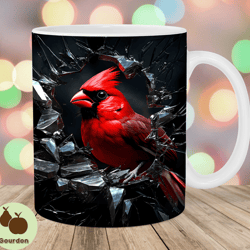 3d red cardinal bird hole in a wall mug wrap, 11oz and 15oz mug template, mug sublimation design, mug wrap template, dig