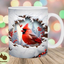 3d red cardinal mug wrap, 11oz 15oz mug template, snow mug sublimation design, hole in a wall mug template, instant dig