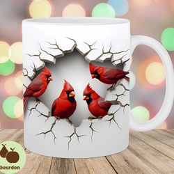 3d red cardinal mug wrap, 11oz and 15oz mug template, mug sublimation design, hole in a wall mug wrap template, instant