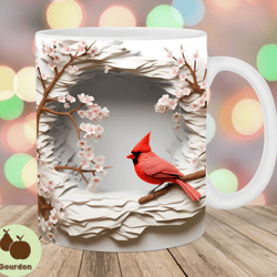 3d red cardinal hole in a wall mug wrap, 11oz 15oz mug template, mug sublimation design, mug wrap template, instant dig