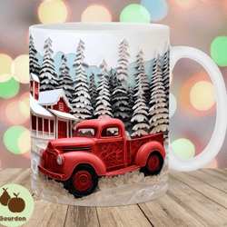3d red truck christmas mug wrap, 11oz and 15oz mug template, mug sublimation design, mug wrap template, instant digital