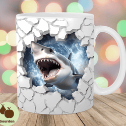 3d shark hole in a wall mug wrap, 11oz and 15oz mug template, mug sublimation design, mug wrap template, instant digital