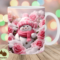 3d snowman christmas mug wrap, 11oz  15oz mug template, mug sublimation design, pink roses mug wrap template, instant di