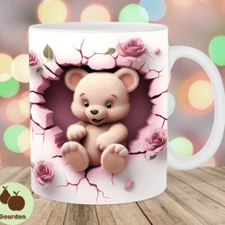 3d teddy bear hole in a wall mug wrap, 11oz 15oz mug template, mug sublimation design, mug wrap template, instant digit
