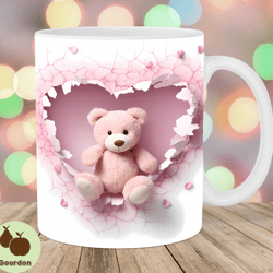 3d teddy bear mug wrap, 11oz 15oz mug template, hole in a wall mug sublimation design, heart mug template, instant digi