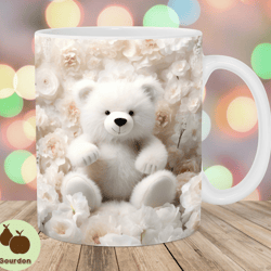 3d teddy bear mug wrap, 11oz 15oz mug template, mug sublimation design, white flowers mug wrap template, instant digita