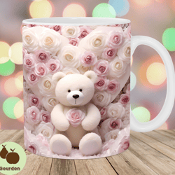3d teddy bear mug wrap, 11oz and 15oz mug template, pink roses mug sublimation design, mug wrap template, instant digita