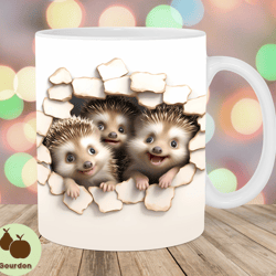 3d three hedgehogs mug wrap, 11oz 15oz mug template, mug sublimation design, hole in a wall mug template, instant digit
