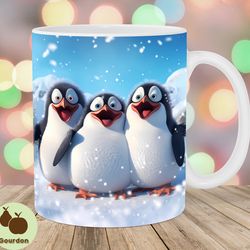3d three penguins mug wrap, 11oz  15oz mug template, snow mug sublimation design, christmas mug wrap template, instant d