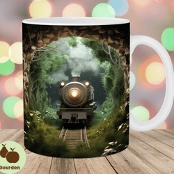3d train hole in a wall mug wrap, 11oz and 15oz mug template, mug sublimation design, forest mug wrap template, instant