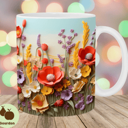 3d wild flowers mug wrap, 11oz and 15oz mug template, mug sublimation design, red yellow mug wrap template, instant digi