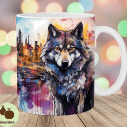 alcohol ink wolf city mug wrap, 11oz and 15oz mug template, mug sublimation design, mug wrap template, instant digital d