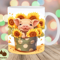 baby pig in sunflowers bucket mug wrap, 11oz and 15oz mug template, mug sublimation design, mug wrap template, instant d