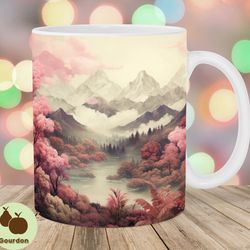 cherry blossom mountains mug wrap, 11oz and 15oz mug template, mug sublimation design, mug wrap template, instant digita