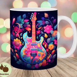 colorful neon guitar mug wrap, 11oz 15oz mug template, mug sublimation design, flower mug wrap template, instant digita