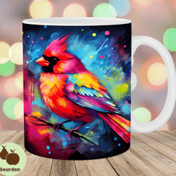 colorful neon red cardinal bird mug wrap, 11oz 15oz mug template, mug sublimation design, mug wrap template, instant di
